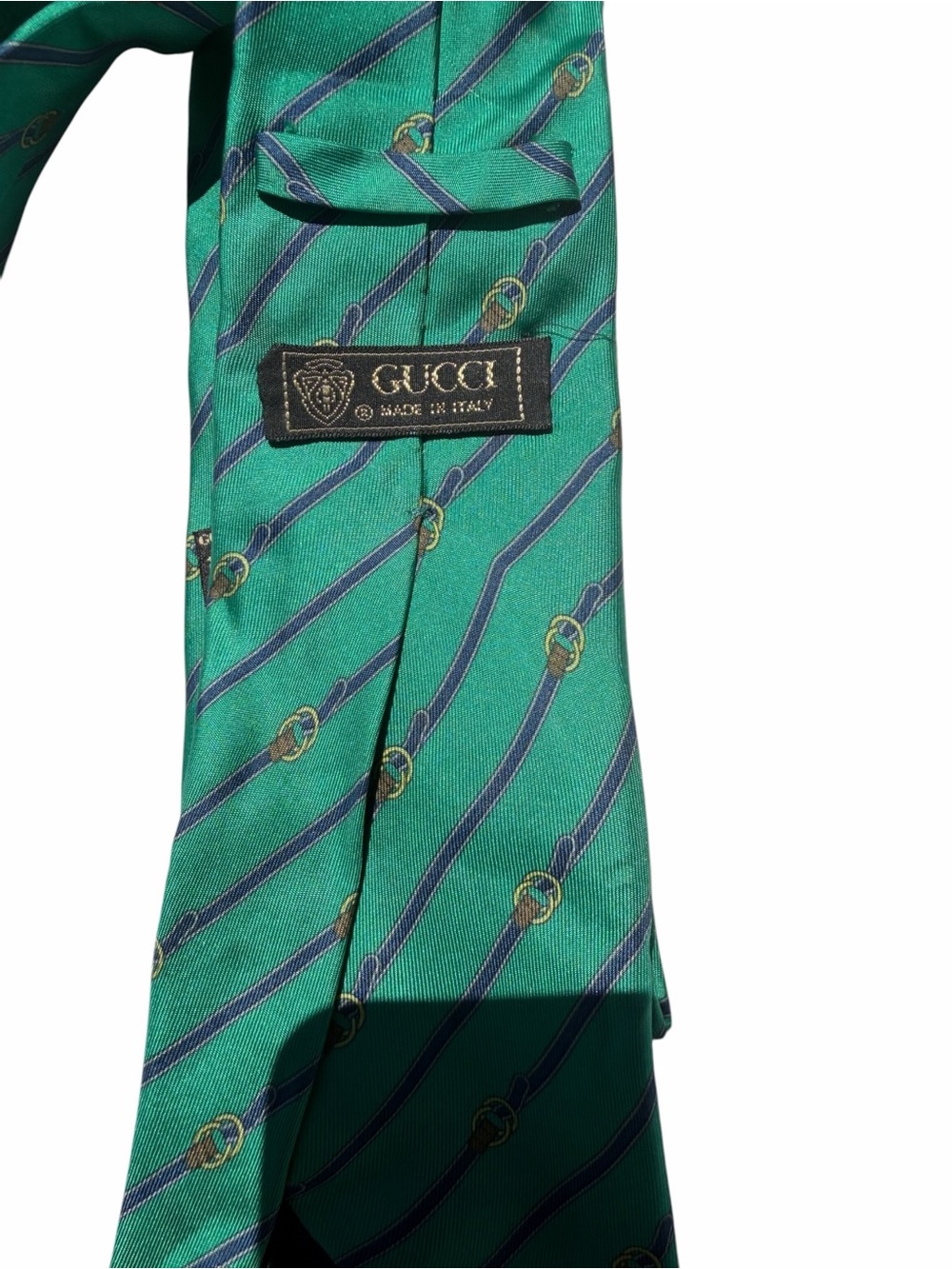 Gucci Green Tie with Navy Diagonal Stripes and Gold Motifs vintage repurpose - Picture 3 of 10